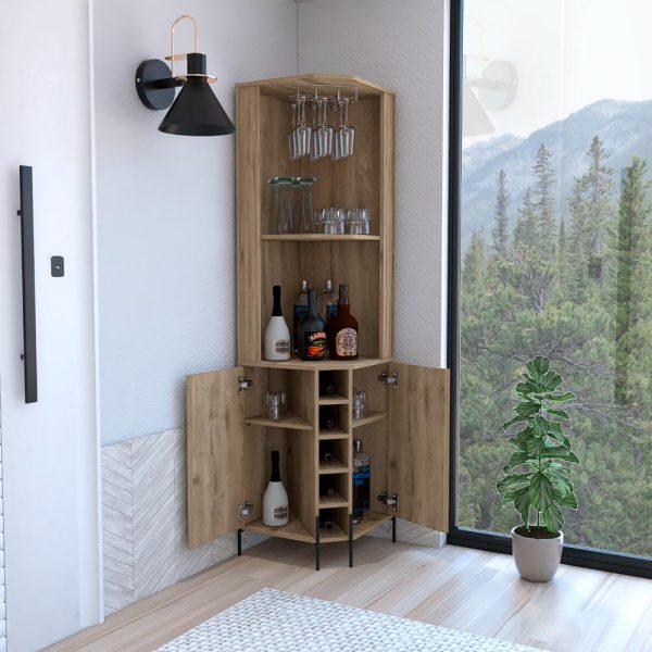 Bosnia Corner Bar Cabinet, Two Shelves, Two Independent Single Door Cabinet, Five Wine Cubbies, Four Interior Shelves