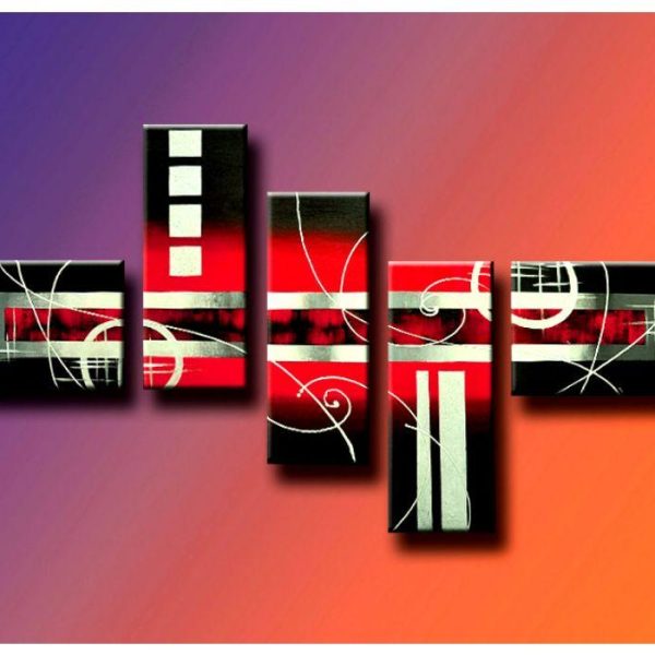 Geometric Silver Red 5 Panel Wall Art Painting Set
